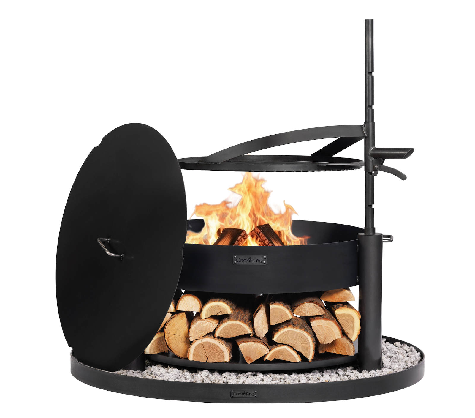 Cookking Multifunktions-Feuerschale "MONTANA X" 80 cm mit Grillrost 60 cm, Deckel 82,0 cm und runder dekorativer Steinbasis 100 cm