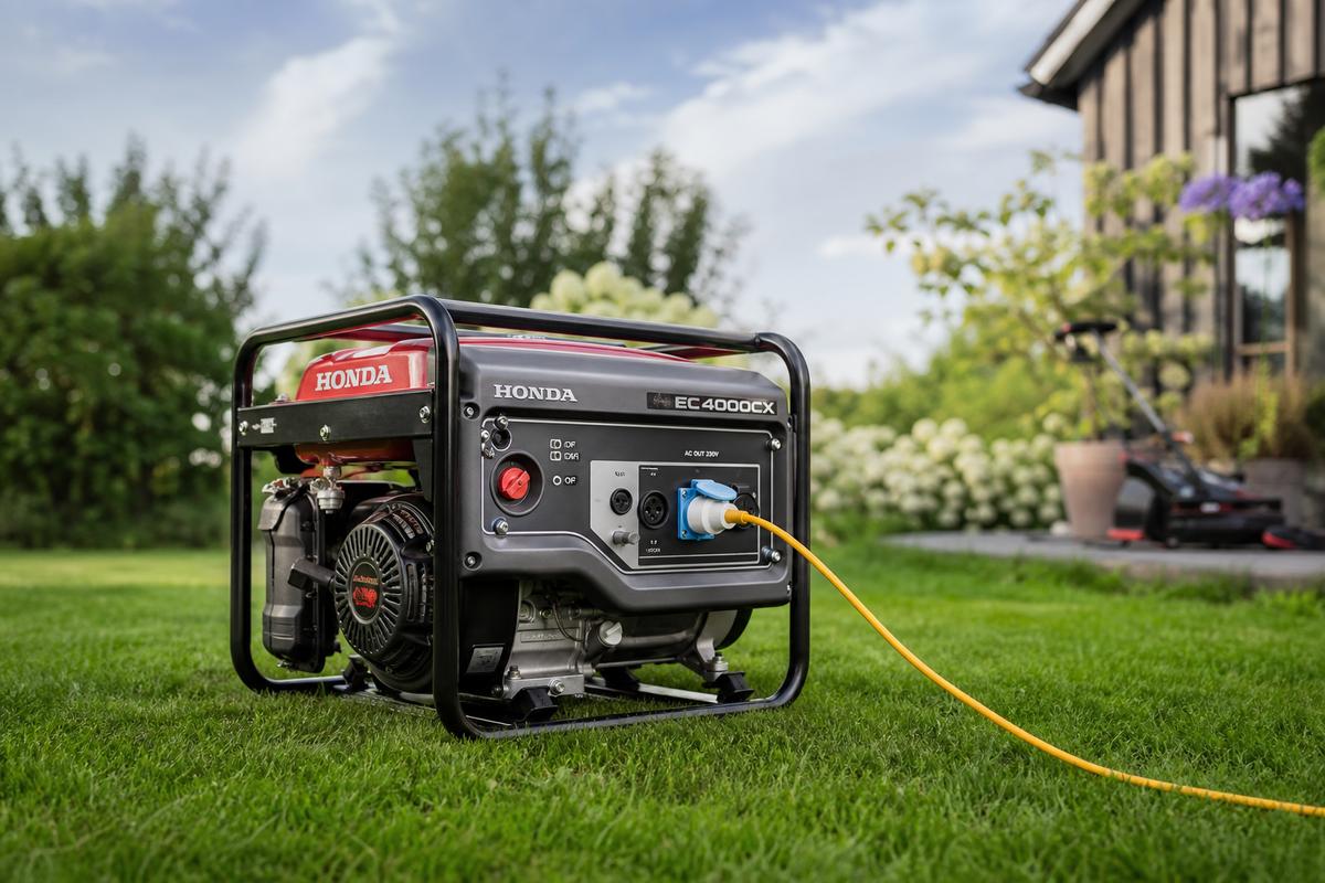 Benzin Generator 3 bis 5 kW im Garteneinsatz, ideal als Notstromaggregat für Haus und Baustelle
