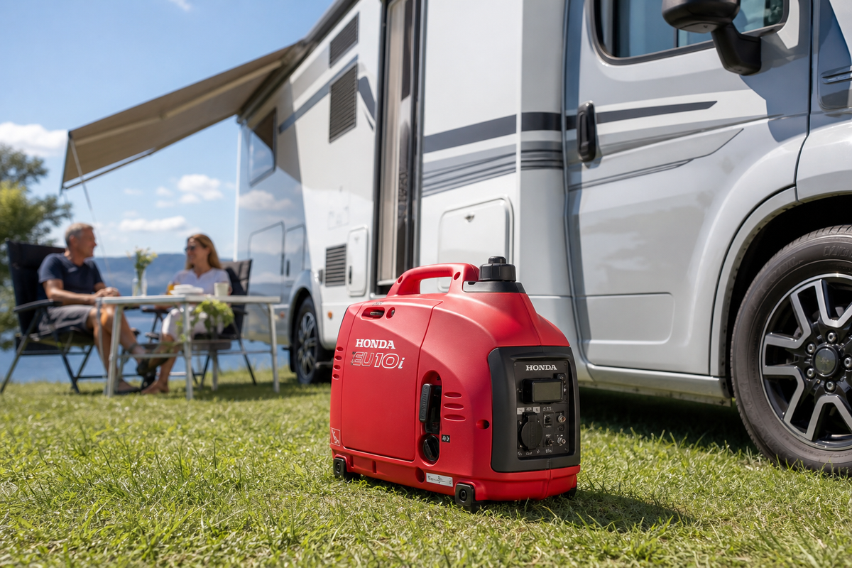 Kompakter Honda EU 10i Benzin Stromerzeuger beim Camping neben Wohnmobil, leise und leicht