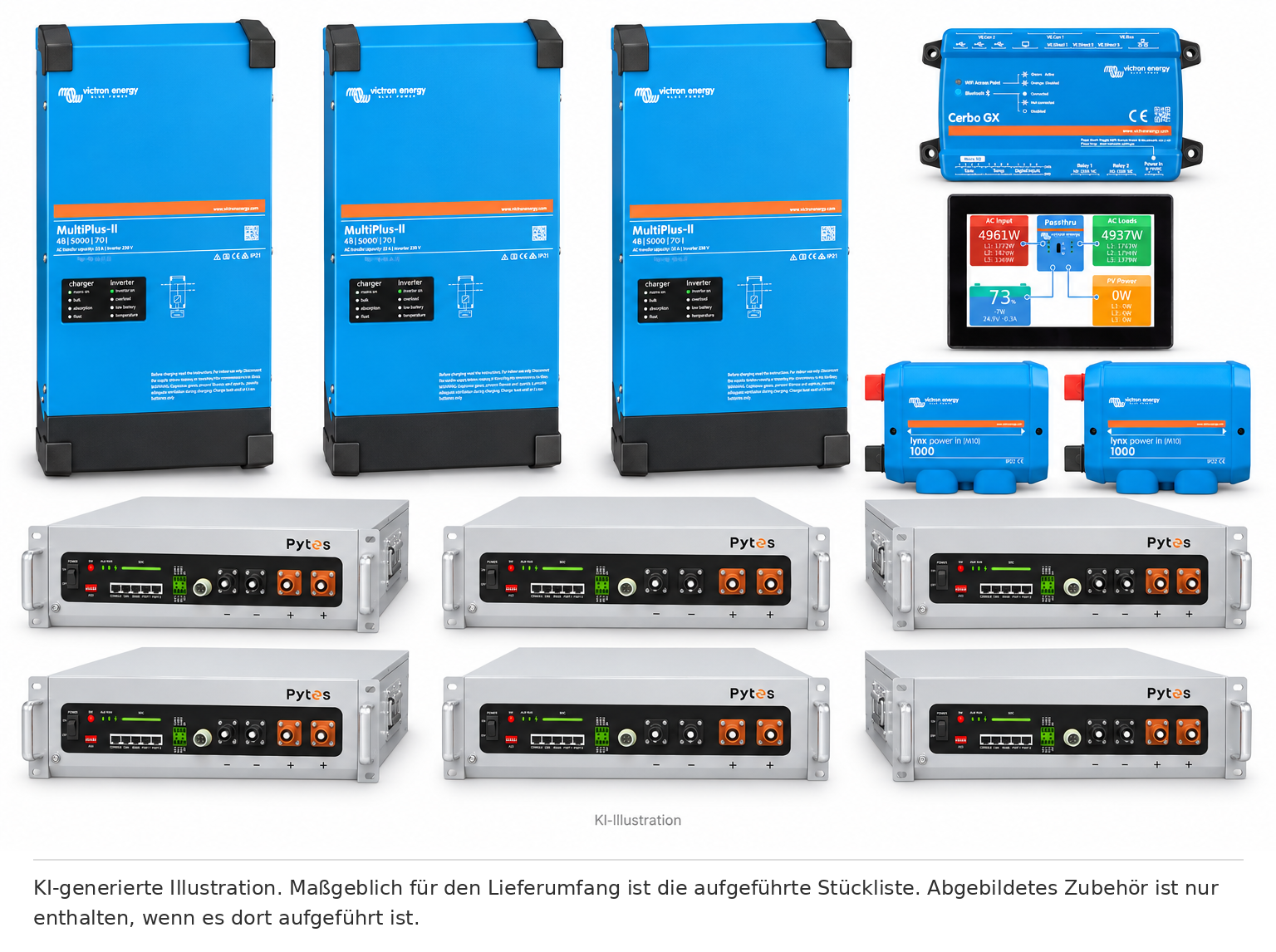 KI-generierte Illustration – %Aktion% Set EFH 3 Phasen 30,72 kWh Akku PYTES V5a 15 kVA MultiPlus-II. Maßgeblich ist die Stückliste; keine Fotografie des Lieferumfangs.