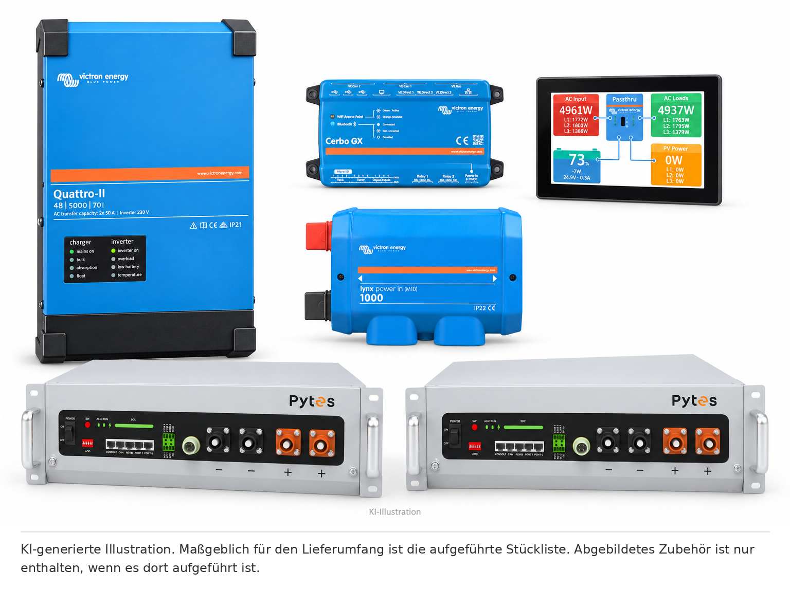 KI-generierte Illustration – Set EFH 1 Phase 10KW h Akku V5a 5kva Quattro-II. Maßgeblich ist die Stückliste; keine Fotografie des Lieferumfangs.