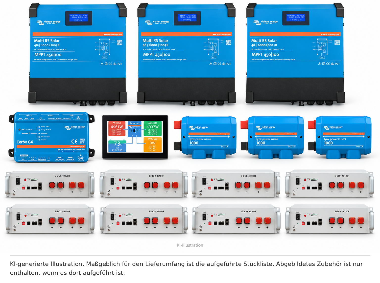 KI-generierte Illustration – Set EFH 3 Phasen 40,96 kWh Akku PYTES R-TE (TE+) 18 kVA Multi RS Solar. Maßgeblich ist die Stückliste; keine Fotografie des Lieferumfangs.