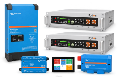 KI-generierte Illustration – Set 1 × MultiPlus-II 48/4K5/55-32 230 V · PYTES V5a · 10,24 kWh (2 Module). Maßgeblich ist die Stückliste; keine Fotografie des Lieferumfangs.