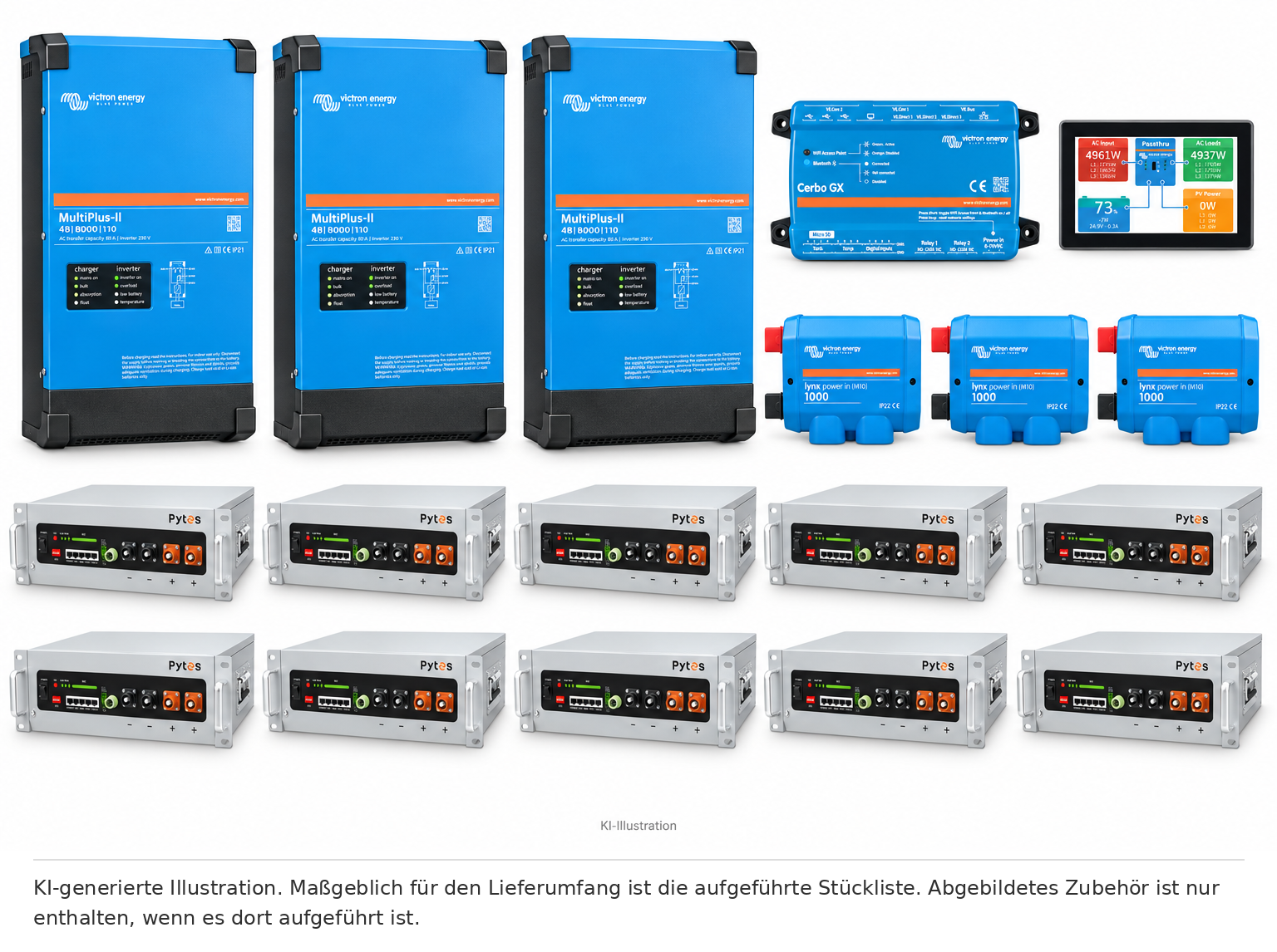 KI-generierte Illustration – Set EFH 3 Phasen 50KW h Akku V5a 24kva Multiplus-II. Maßgeblich ist die Stückliste; keine Fotografie des Lieferumfangs.