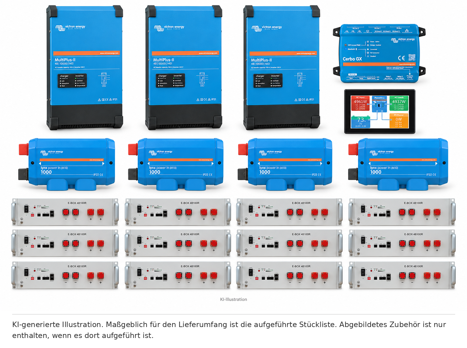 KI-generierte Illustration – Set EFH 3 Phasen 60KW h Akku 30kva Multiplus-II. Maßgeblich ist die Stückliste; keine Fotografie des Lieferumfangs.