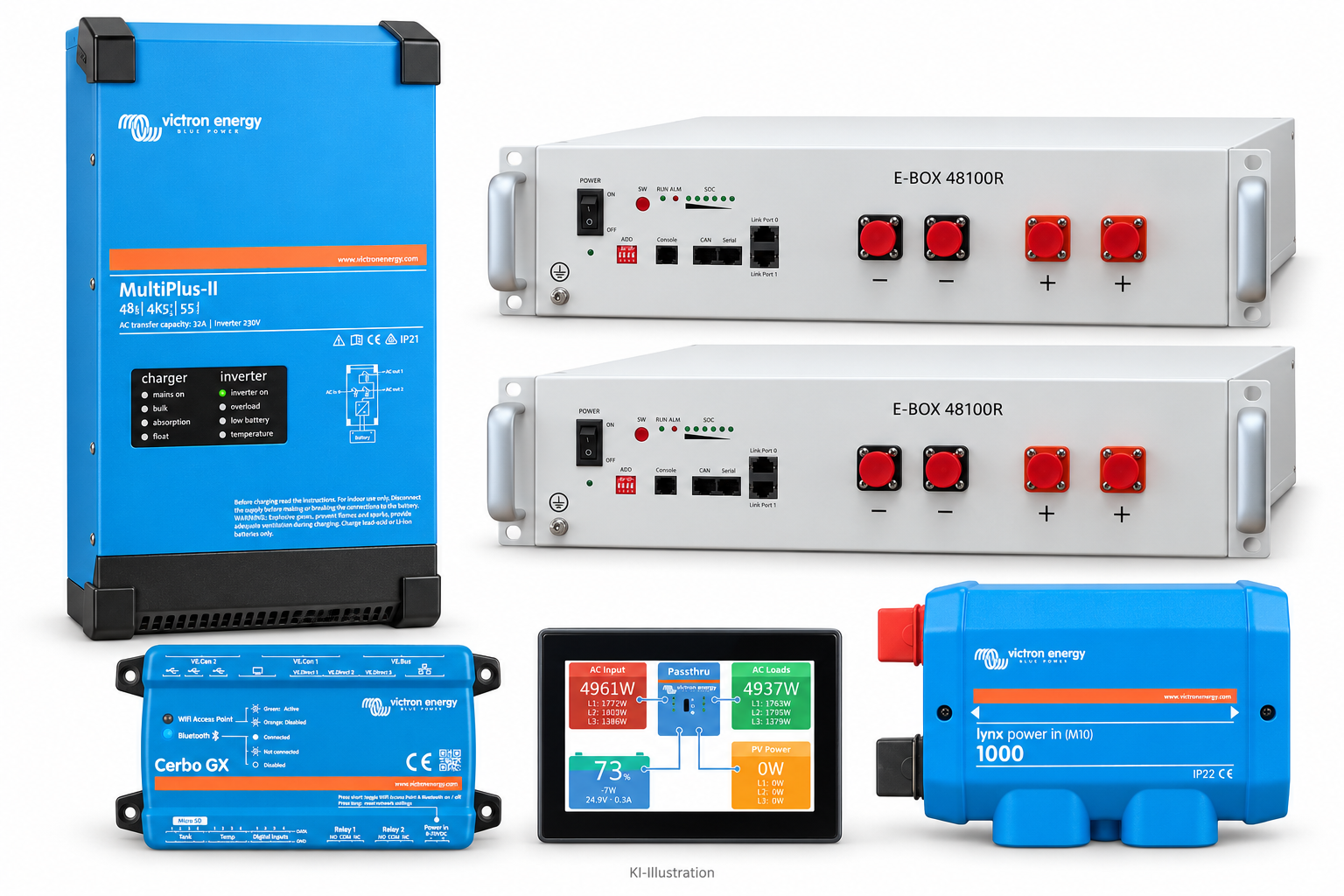 KI-generierte Illustration – Set 1 × MultiPlus-II 48/4K5/55-32 230 V · PYTES R-TE · 10,24 kWh (2 Module). Maßgeblich ist die Stückliste; keine Fotografie des Lieferumfangs.