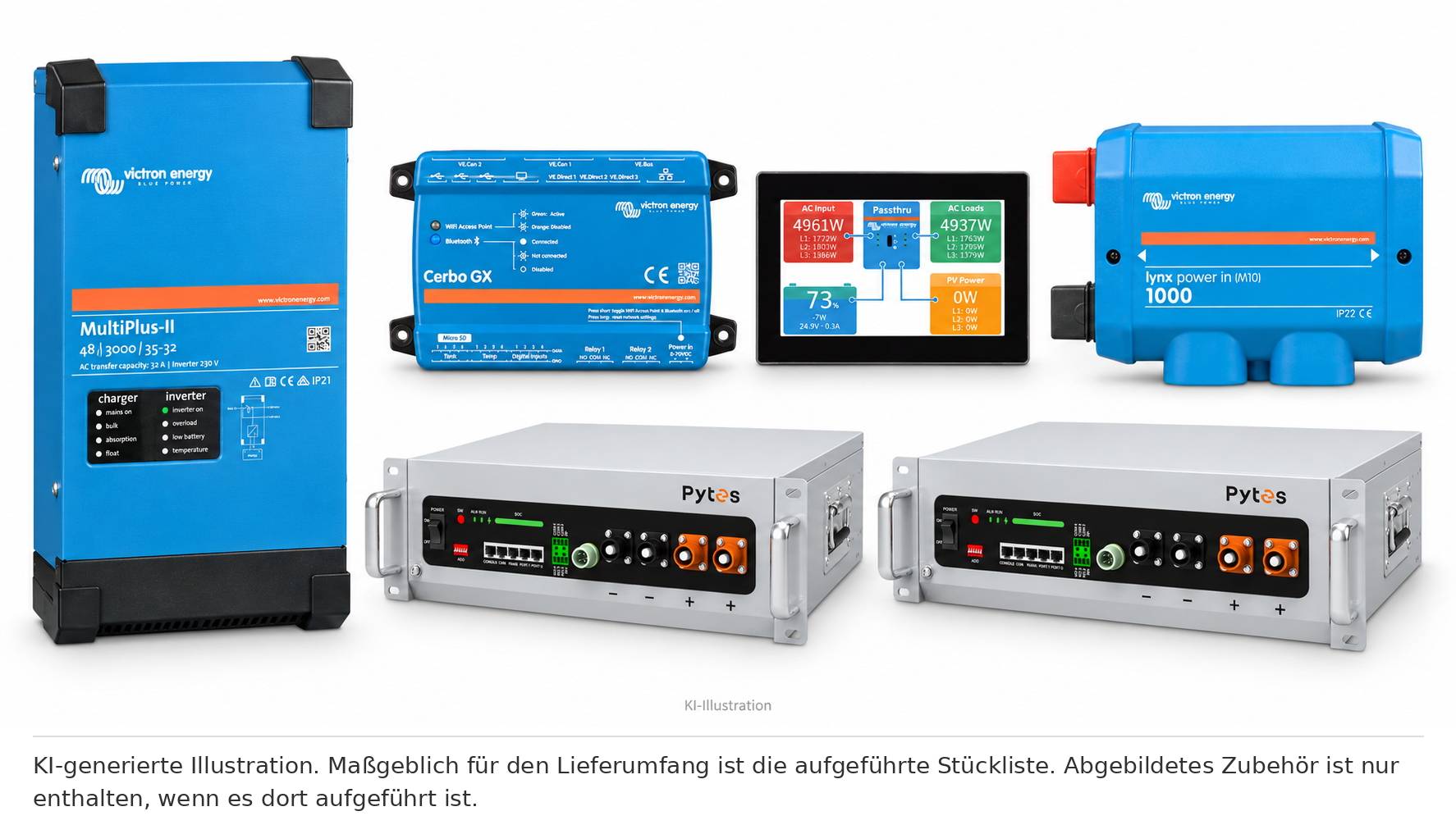 KI-generierte Illustration – %Aktion% Set EFH 1 Phase 10KW h Akku V5a 3kva Multiplus-II. Maßgeblich ist die Stückliste; keine Fotografie des Lieferumfangs.