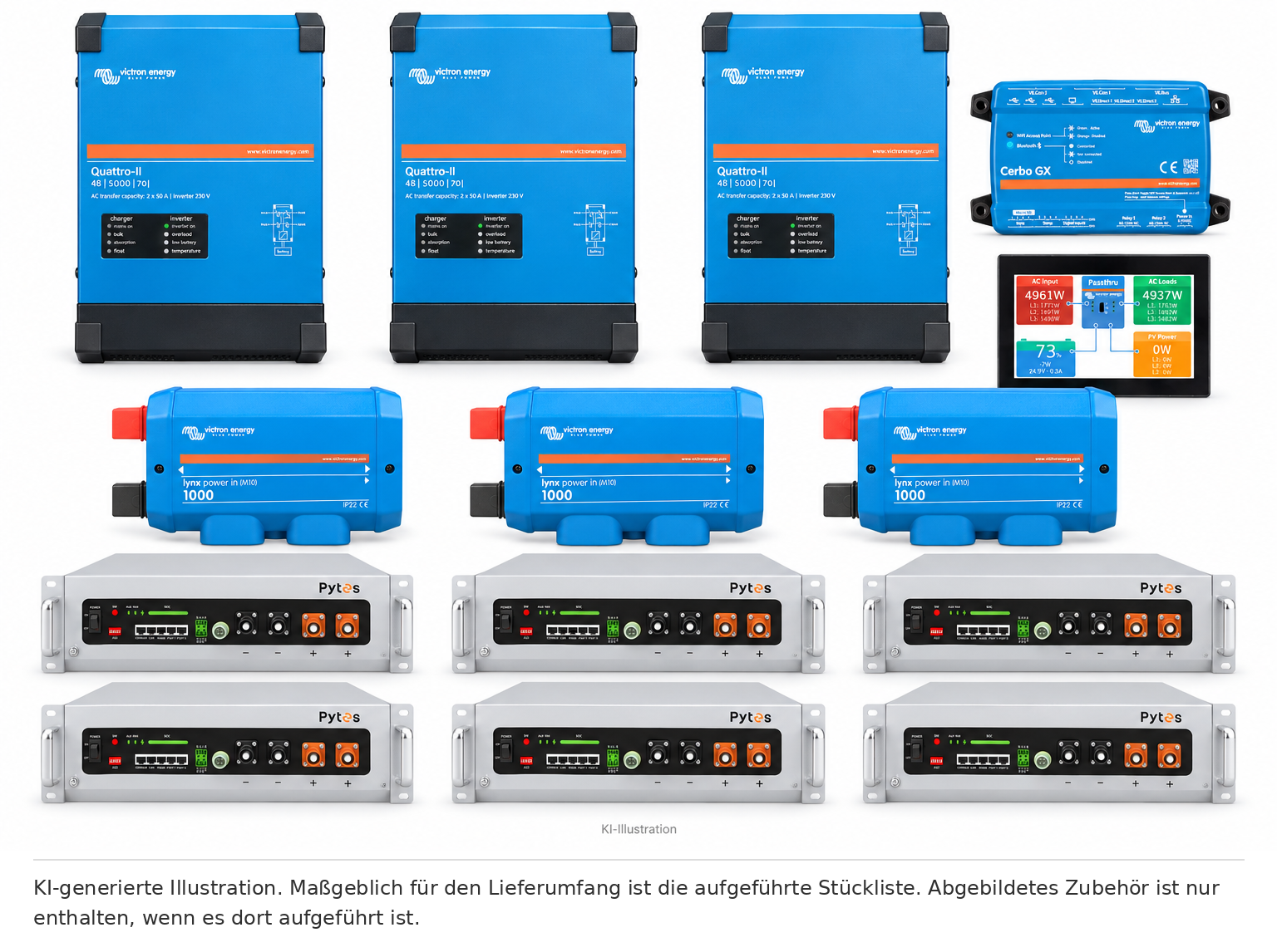 KI-generierte Illustration – Set EFH 3 Phasen 30KW h Akku V5a 15kva Quattro-II. Maßgeblich ist die Stückliste; keine Fotografie des Lieferumfangs.