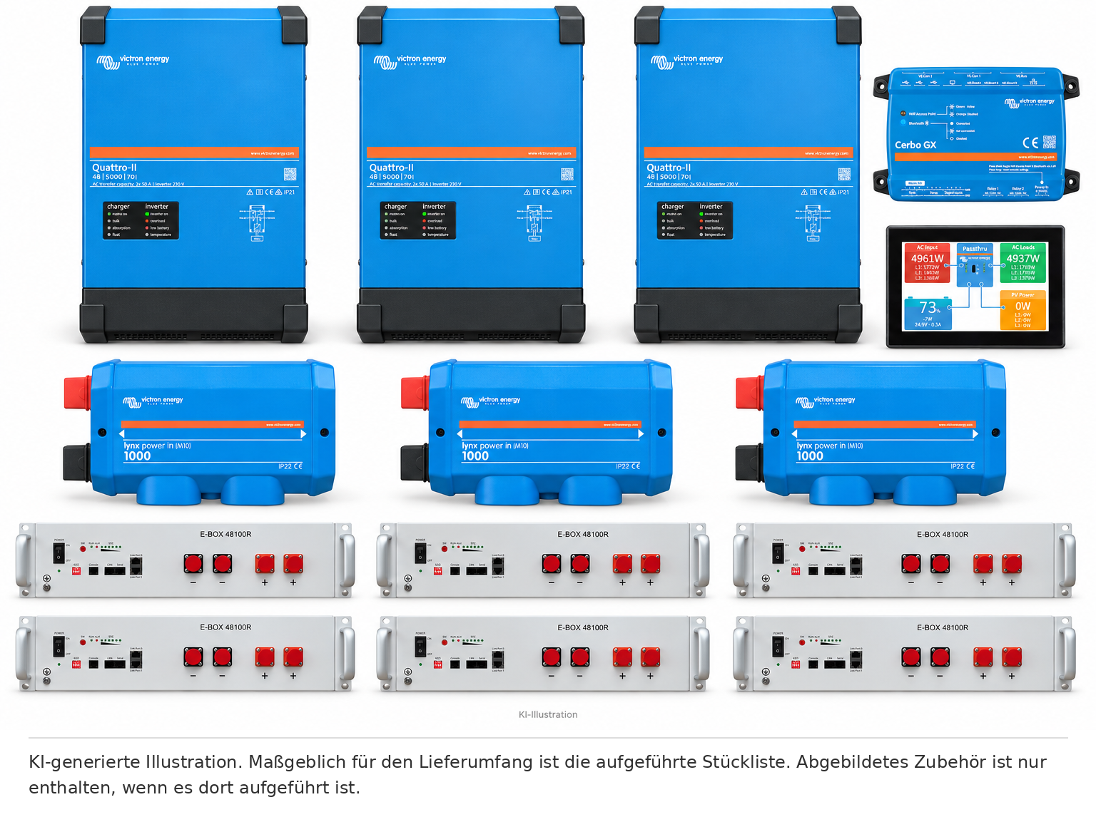 KI-generierte Illustration – Set EFH 3 Phasen 30KW h Akku 15kva Quattro-II. Maßgeblich ist die Stückliste; keine Fotografie des Lieferumfangs.
