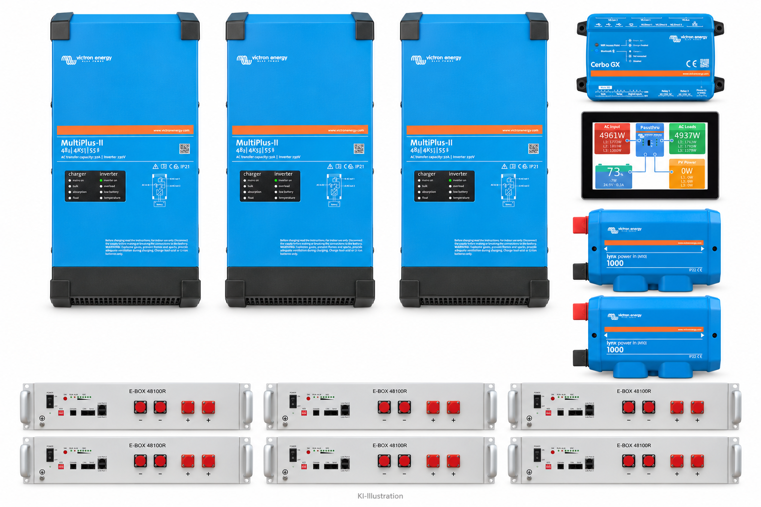 KI-generierte Illustration – Set 3 × MultiPlus-II 48/4K5/55-32 230 V · PYTES R-TE · 30,72 kWh (6 Module). Maßgeblich ist die Stückliste; keine Fotografie des Lieferumfangs.