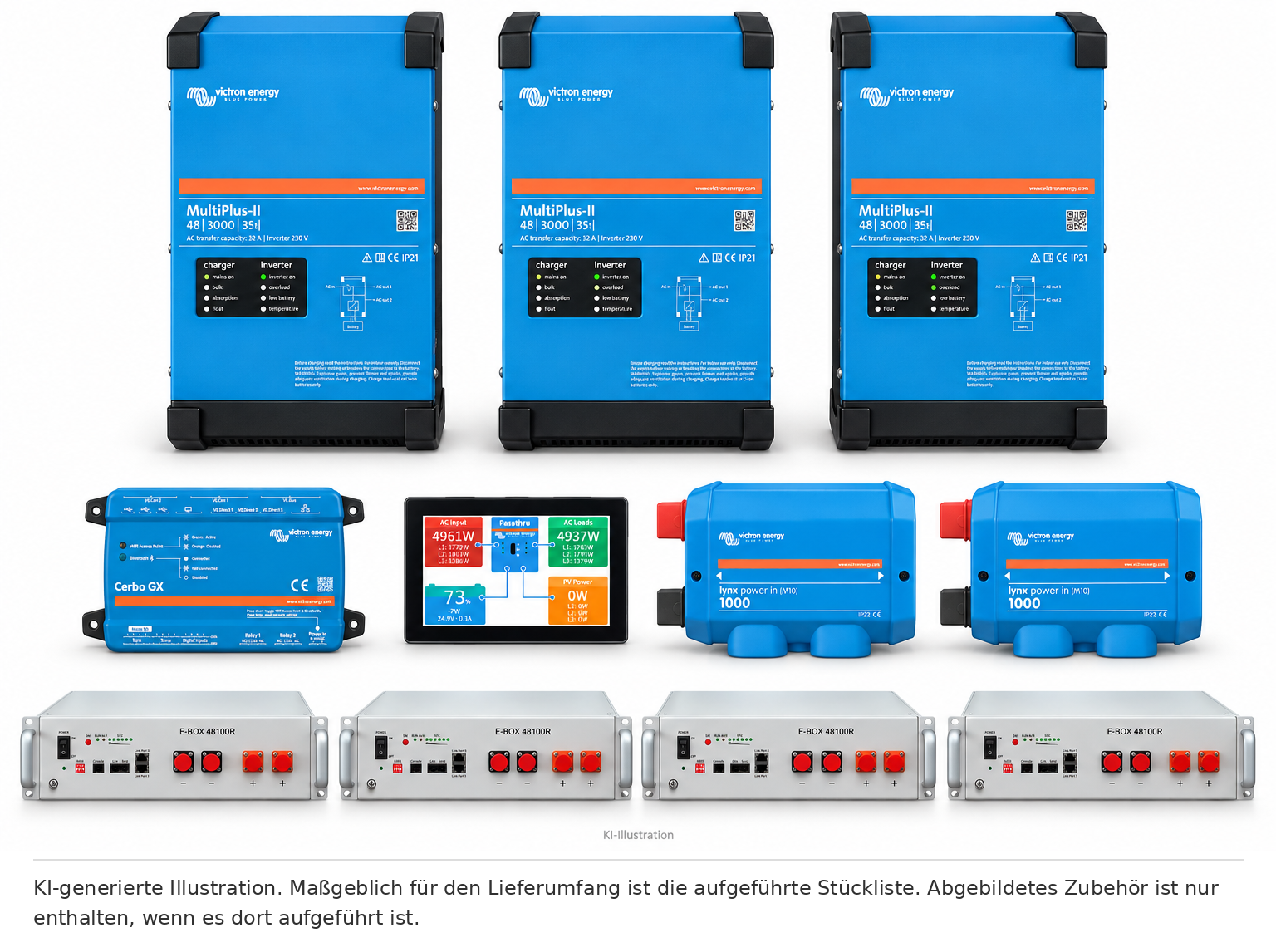 KI-generierte Illustration – %Aktion% Set EFH 3 Phasen 20KW h Akku 9kva Multiplus-II. Maßgeblich ist die Stückliste; keine Fotografie des Lieferumfangs.