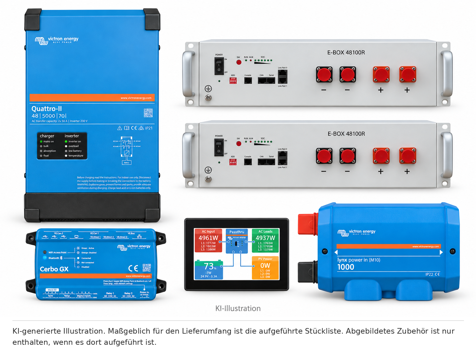 KI-generierte Illustration – Set EFH 1 Phase 10KW h Akku 5kva Quattro-II. Maßgeblich ist die Stückliste; keine Fotografie des Lieferumfangs.