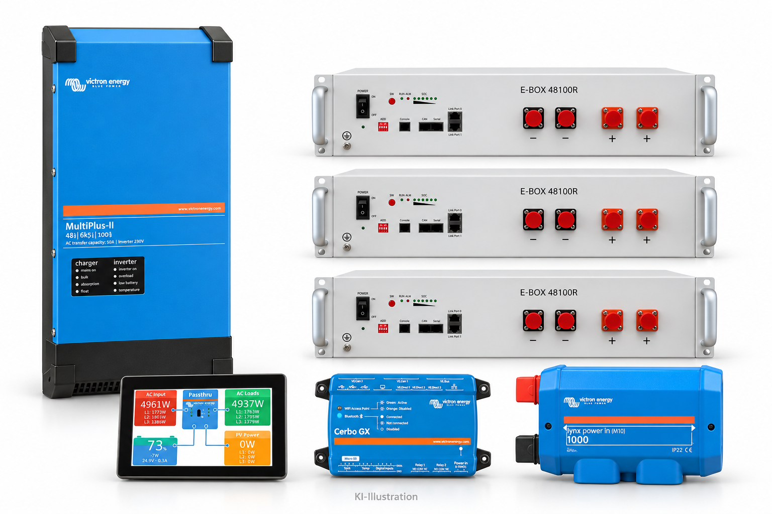 KI-generierte Illustration – Set 1 × MultiPlus-II 48/6K5 230 V · PYTES R-TE · 15,36 kWh (3 Module). Maßgeblich ist die Stückliste; keine Fotografie des Lieferumfangs.
