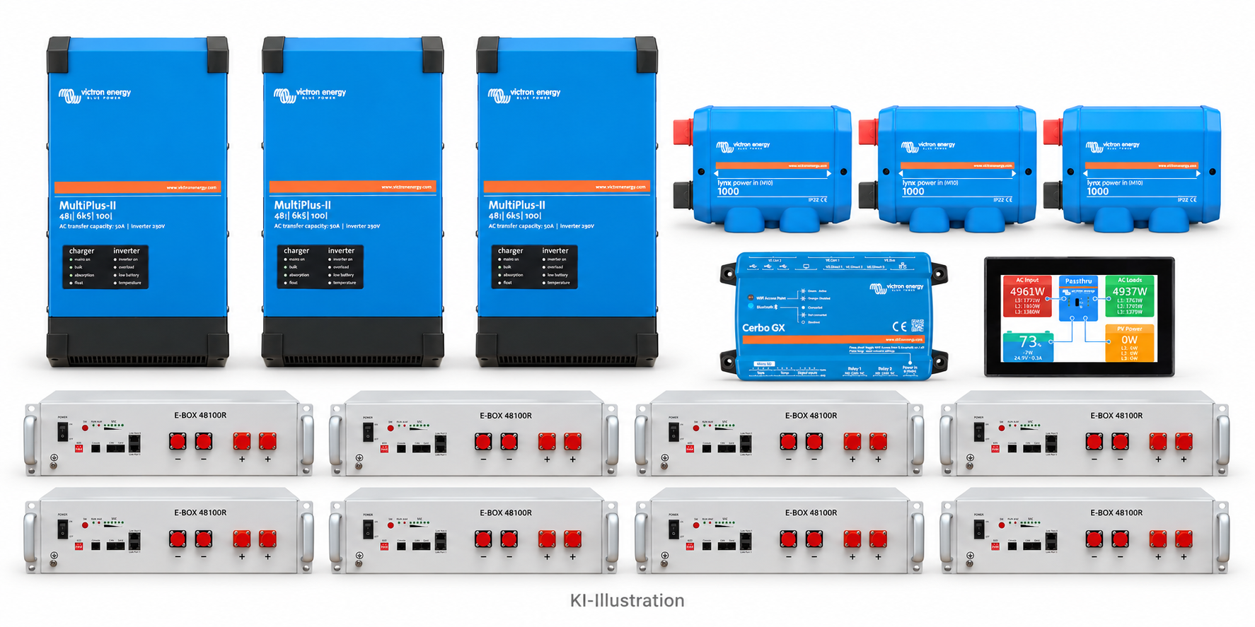 KI-generierte Illustration – Set 3 × MultiPlus-II 48/6K5 230 V · PYTES R-TE · 40,96 kWh (8 Module). Maßgeblich ist die Stückliste; keine Fotografie des Lieferumfangs.