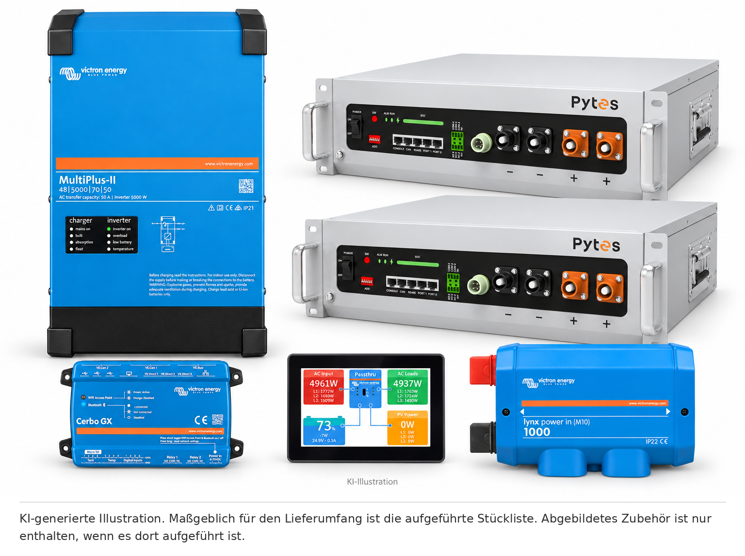 KI-generierte Illustration – %Aktion% Set EFH 1 Phase 10KW h Akku V5a 5kva Multiplus-II. Maßgeblich ist die Stückliste; keine Fotografie des Lieferumfangs.
