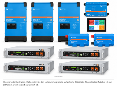KI-generierte Illustration – %Aktion% Set EFH 3 Phasen 20KW h Akku V5a 9kva Multiplus-II. Maßgeblich ist die Stückliste; keine Fotografie des Lieferumfangs.