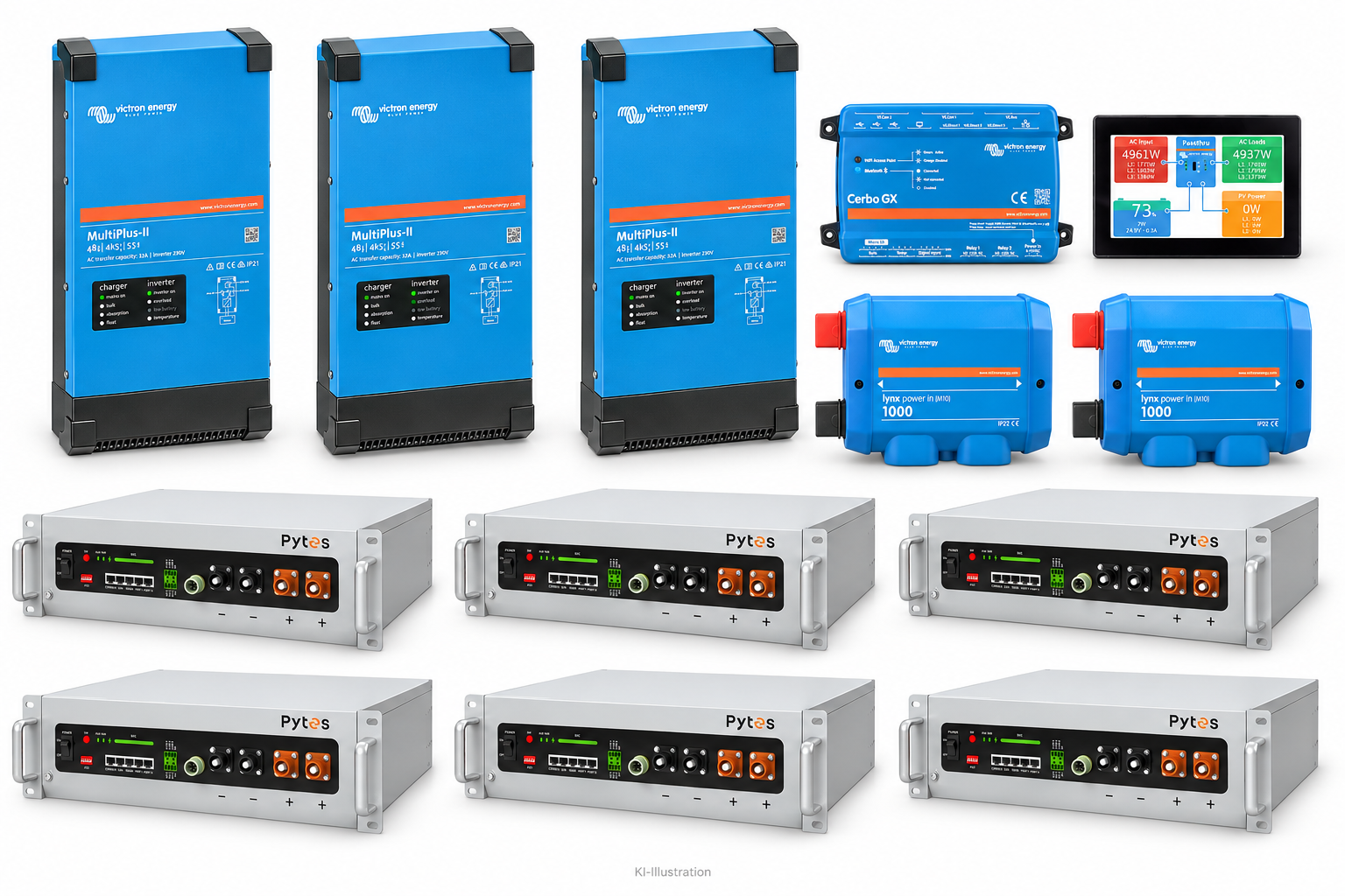 KI-generierte Illustration – Set 3 × MultiPlus-II 48/4K5/55-32 230 V · PYTES V5a · 30,72 kWh (6 Module). Maßgeblich ist die Stückliste; keine Fotografie des Lieferumfangs.