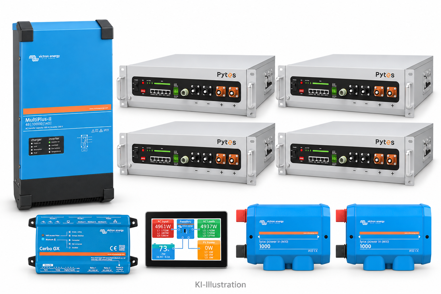 KI-generierte Illustration – Set 1 × MultiPlus-II 48/10000 230 V · PYTES V5a · 20,48 kWh (4 Module). Maßgeblich ist die Stückliste; keine Fotografie des Lieferumfangs.