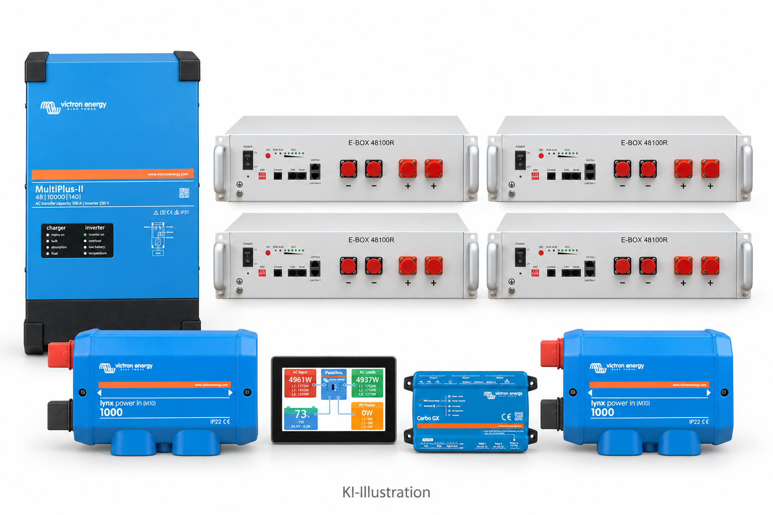 KI-generierte Illustration – Set 1 × MultiPlus-II 48/10000 230 V · PYTES R-TE · 20,48 kWh (4 Module). Maßgeblich ist die Stückliste; keine Fotografie des Lieferumfangs.
