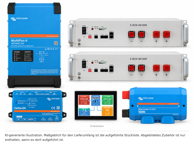 KI-generierte Illustration – %Aktion% Set EFH 1 Phase 10KW h Akku 3kva Multiplus-II. Maßgeblich ist die Stückliste; keine Fotografie des Lieferumfangs.