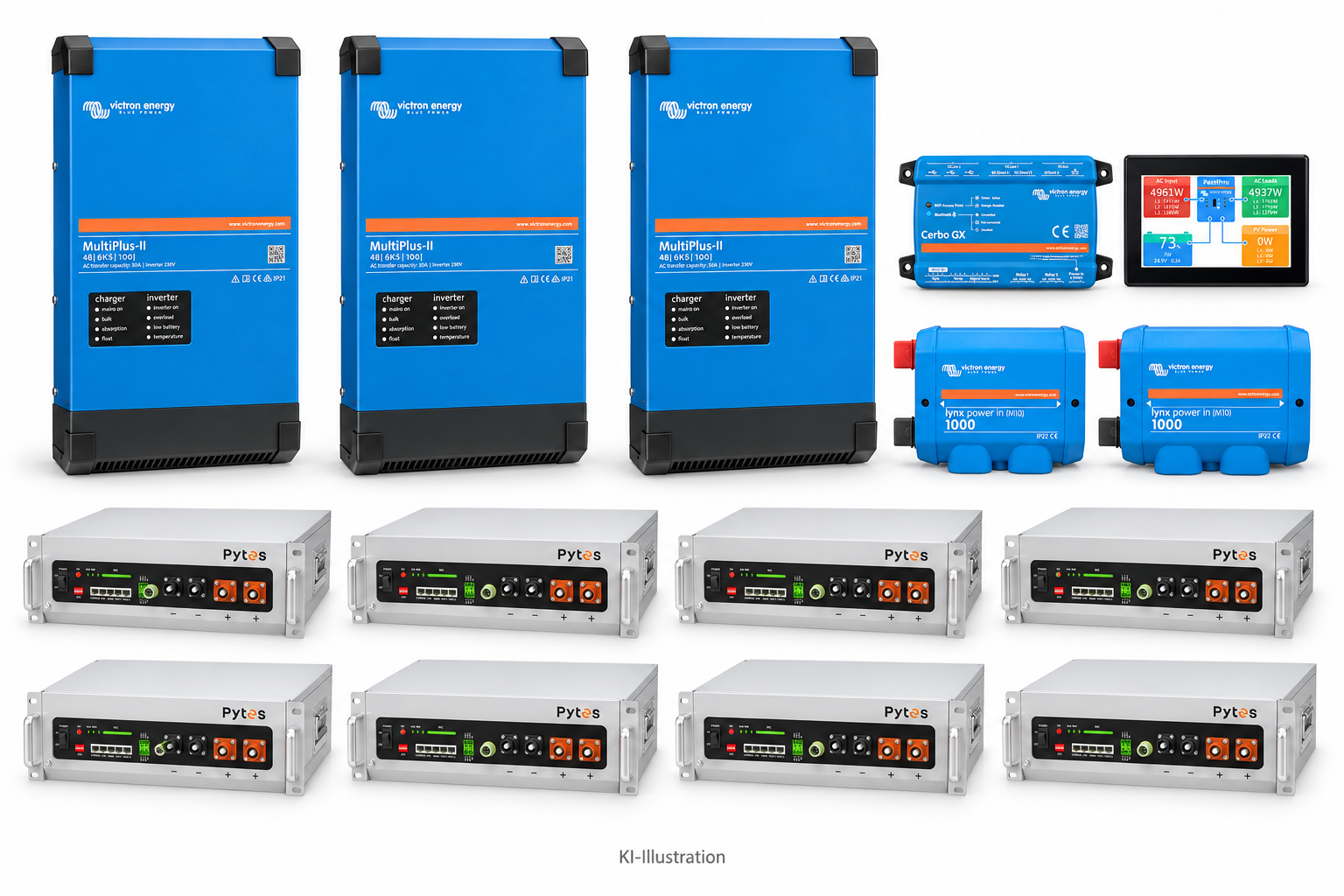 KI-generierte Illustration – Set EFH 3 Phase 40KW h V5a Akku 18kva Multiplus II 6K. Maßgeblich ist die Stückliste; keine Fotografie des Lieferumfangs.