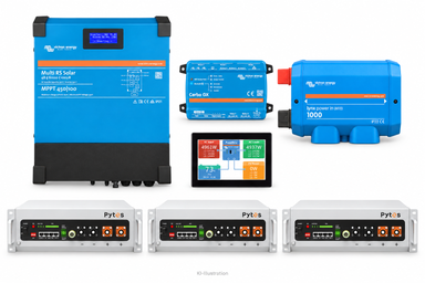 KI-generierte Illustration – Set 1 × Multi RS Solar 48/6000 230 V · PYTES V5a · 15,36 kWh (3 Module). Maßgeblich ist die Stückliste; keine Fotografie des Lieferumfangs.