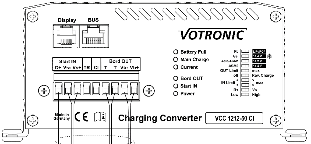 Enthaltene Komponente: Votronic VCC 1212-50 CI IUoU-Li GEL, AGM, Lithium Lade-Wandler – technische Herstellerillustration, kein Foto