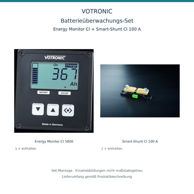 Set-Montage: VOTRONIC Batterieüberwachung Set 100 A – LCD Energy Monitor CI + Smart-Shunt CI; nicht maßstabsgetreu