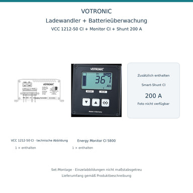 Set-Montage: VOTRONIC Ladewandler-Set VCC 1212-50 CI + Energy Monitor CI + 200-A-Shunt – enthaltener 200-A-Shunt nicht abgebildet (kein Foto verfügbar) – Ladewandler als technische Herstellerabbildung; nicht maßstabsgetreu
