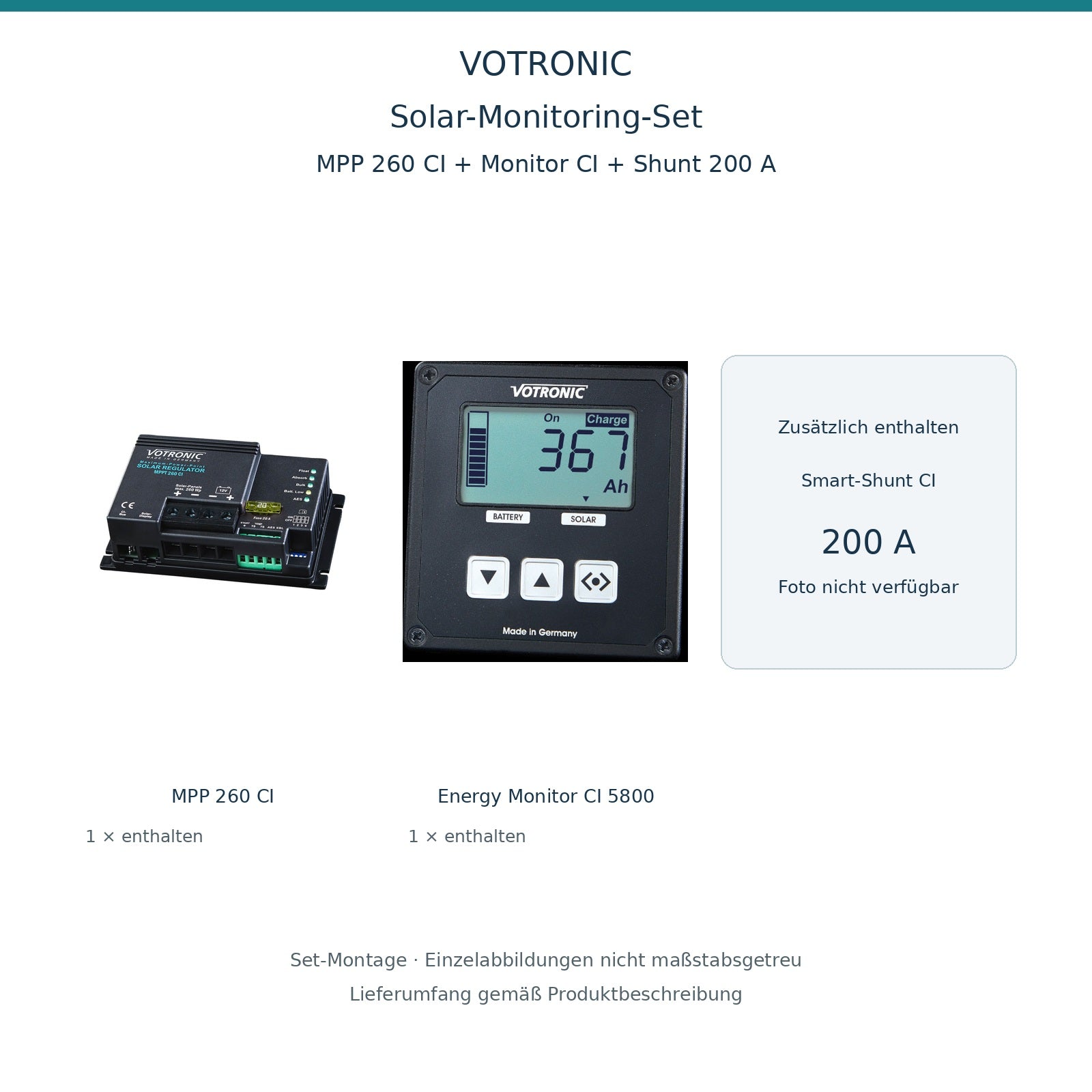 Set-Montage: VOTRONIC Solar-Monitoring-Set MPP 260 CI + Energy Monitor CI + 200-A-Shunt – enthaltener 200-A-Shunt nicht abgebildet (kein Foto verfügbar); nicht maßstabsgetreu