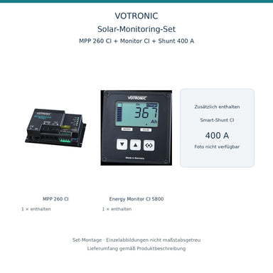 Set-Montage: VOTRONIC Solar-Monitoring-Set MPP 260 CI + Energy Monitor CI + 400-A-Shunt – enthaltener 400-A-Shunt nicht abgebildet (kein Foto verfügbar); nicht maßstabsgetreu