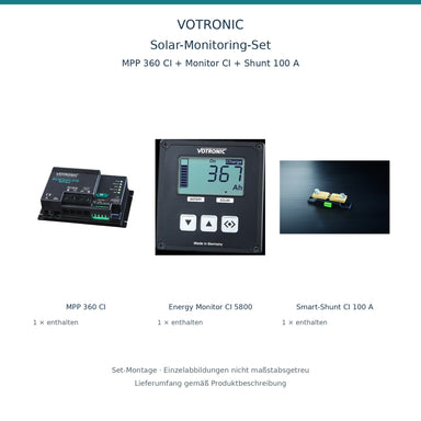 Set-Montage: VOTRONIC Solar-Monitoring-Set MPP 360 CI + Energy Monitor CI + 100-A-Shunt; nicht maßstabsgetreu