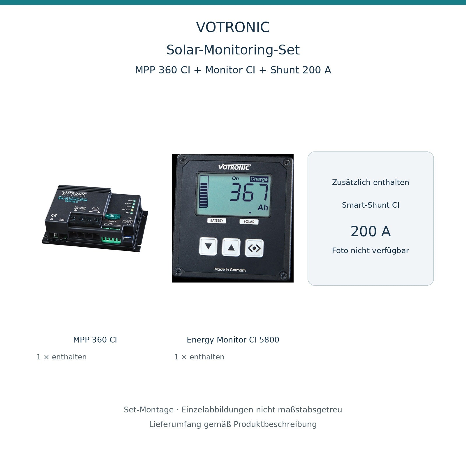 Set-Montage: VOTRONIC Solar-Monitoring-Set MPP 360 CI + Energy Monitor CI + 200-A-Shunt – enthaltener 200-A-Shunt nicht abgebildet (kein Foto verfügbar); nicht maßstabsgetreu