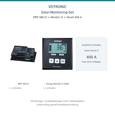 Set-Montage: VOTRONIC Solar-Monitoring-Set MPP 360 CI + Energy Monitor CI + 400-A-Shunt – enthaltener 400-A-Shunt nicht abgebildet (kein Foto verfügbar); nicht maßstabsgetreu