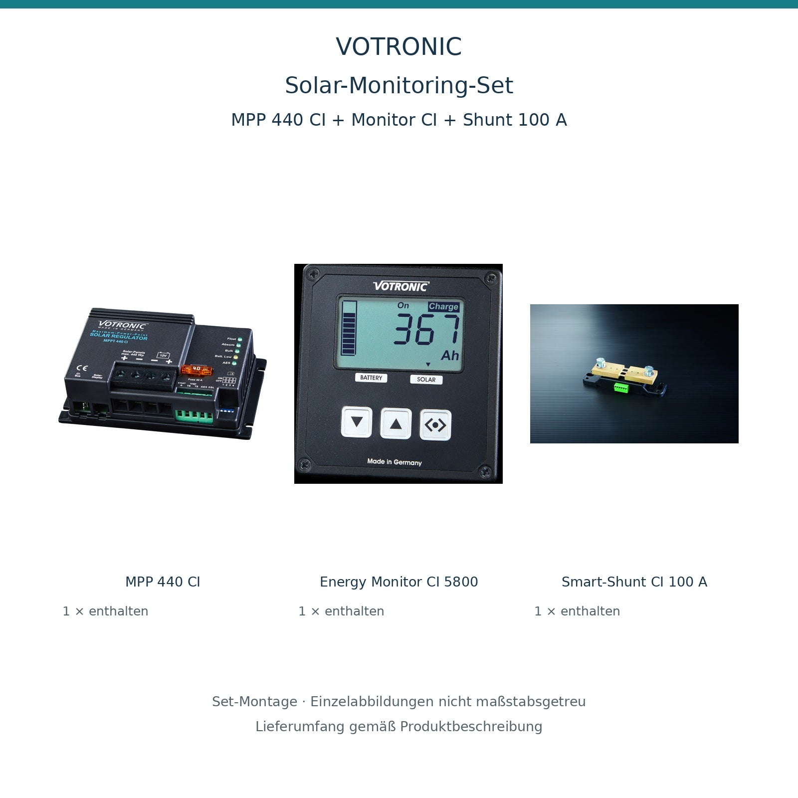 Set-Montage: VOTRONIC Solar-Monitoring-Set MPP 440 CI + Energy Monitor CI + 100-A-Shunt; nicht maßstabsgetreu