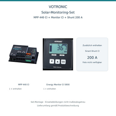 Set-Montage: VOTRONIC Solar-Monitoring-Set MPP 440 CI + Energy Monitor CI + 200-A-Shunt – enthaltener 200-A-Shunt nicht abgebildet (kein Foto verfügbar); nicht maßstabsgetreu