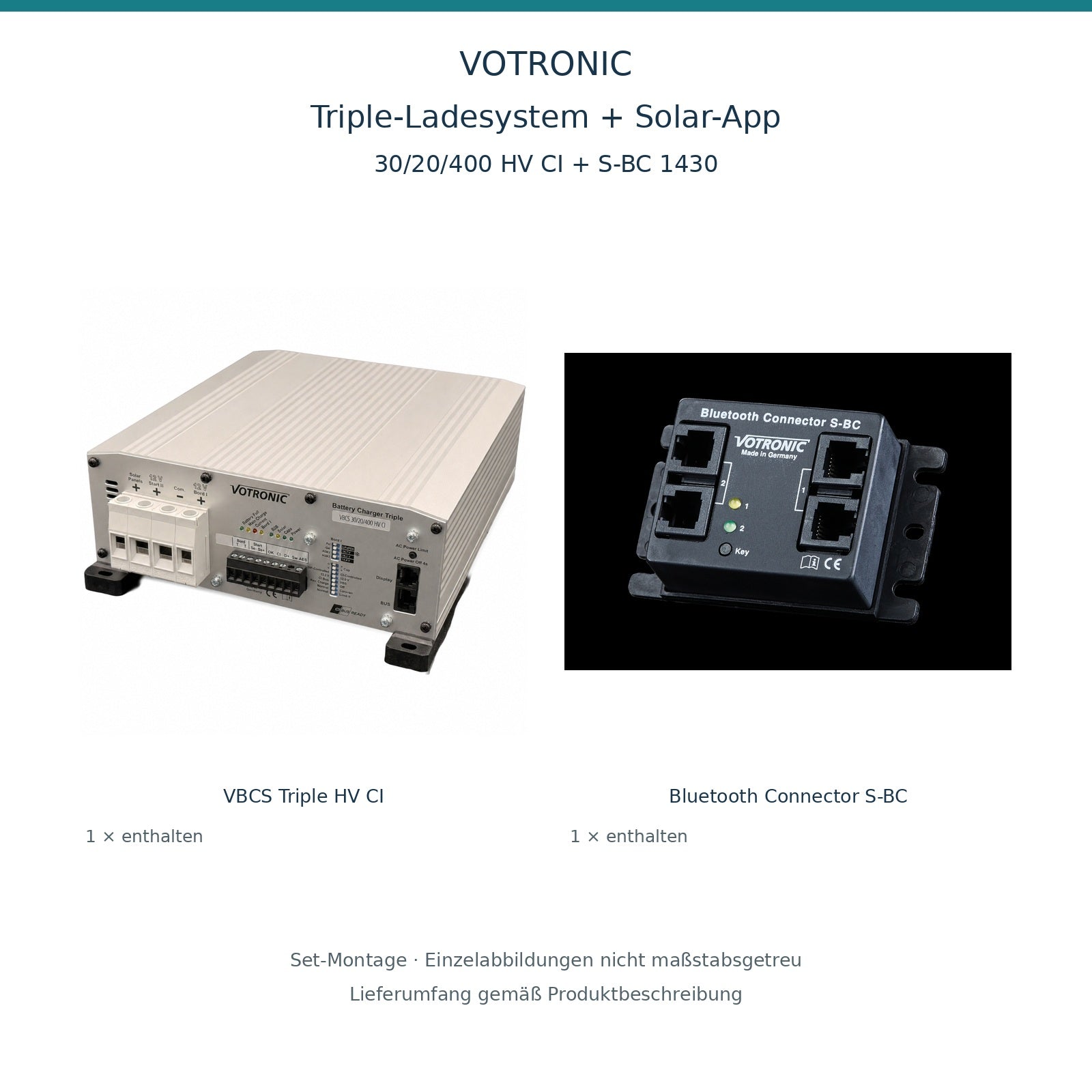 Set-Montage: VOTRONIC VBCS Triple 30/20/400 HV CI + Bluetooth Connector S-BC; nicht maßstabsgetreu